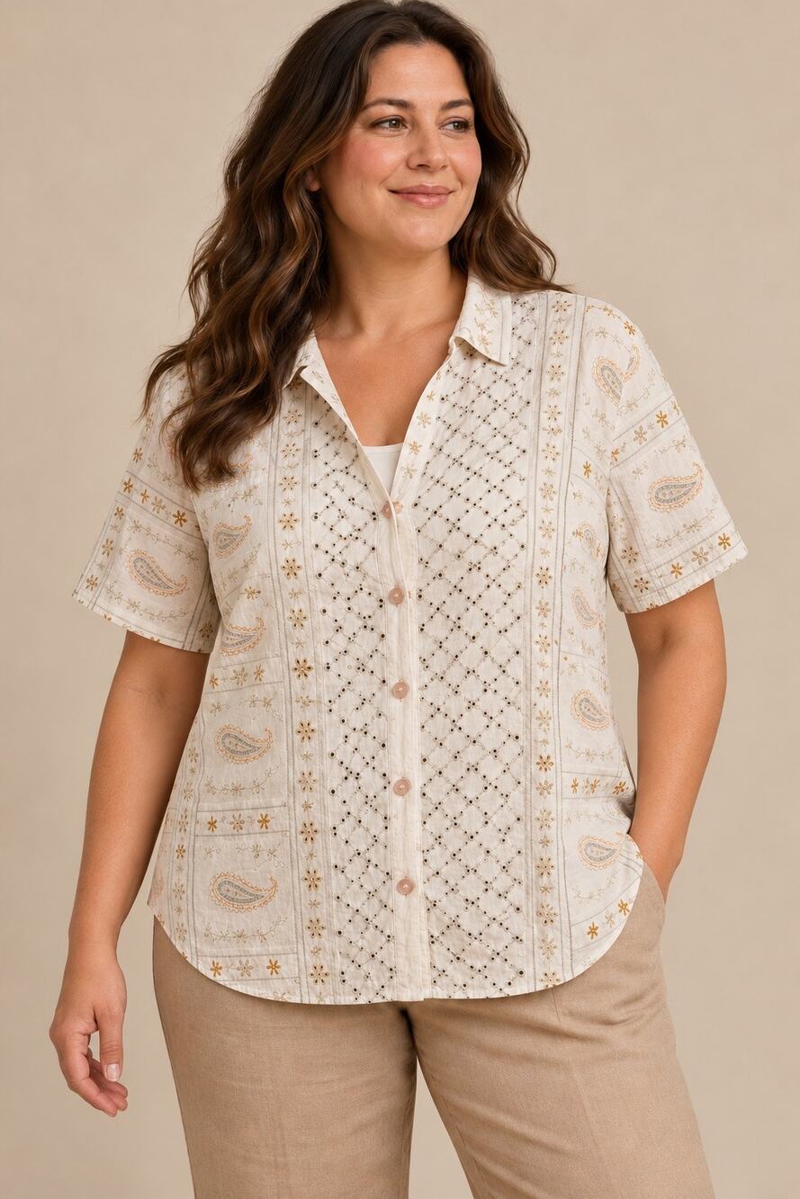 True Grit XL Ivory Paisley Floral Embroidered Eyelet Button Front Blouse